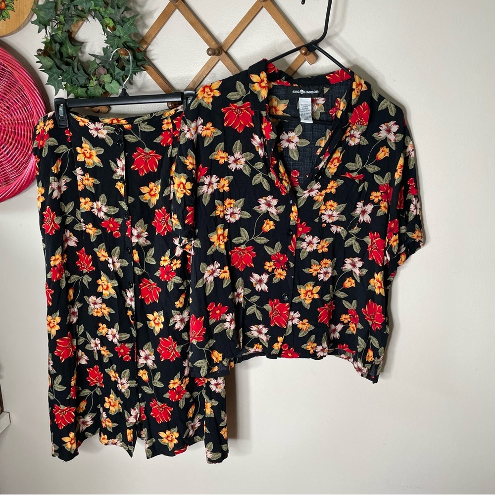 Vintage floral button down shirt and skirt set